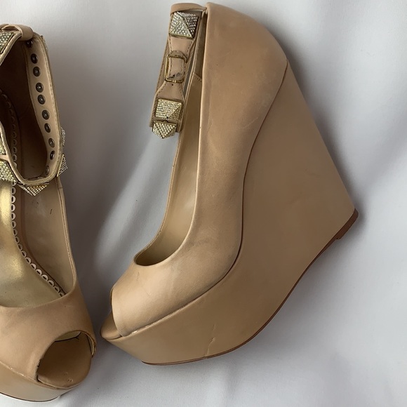 Bebe Nude Studded Ankle Strap Wedges - Picture 6 of 13